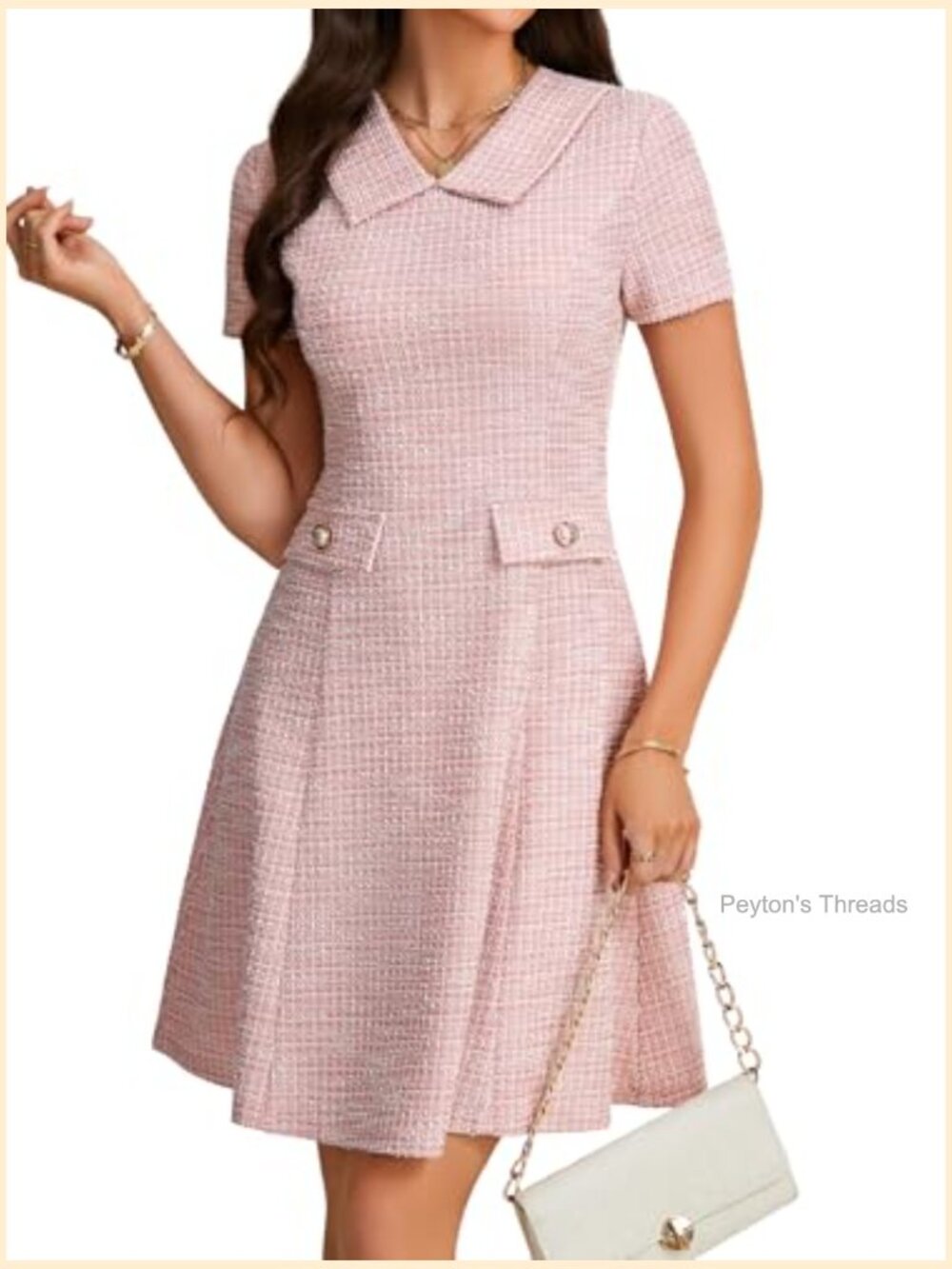 Tweed Collared Short Sleeve Ruffle A-Line Midi Dress - Picture 3 of 6